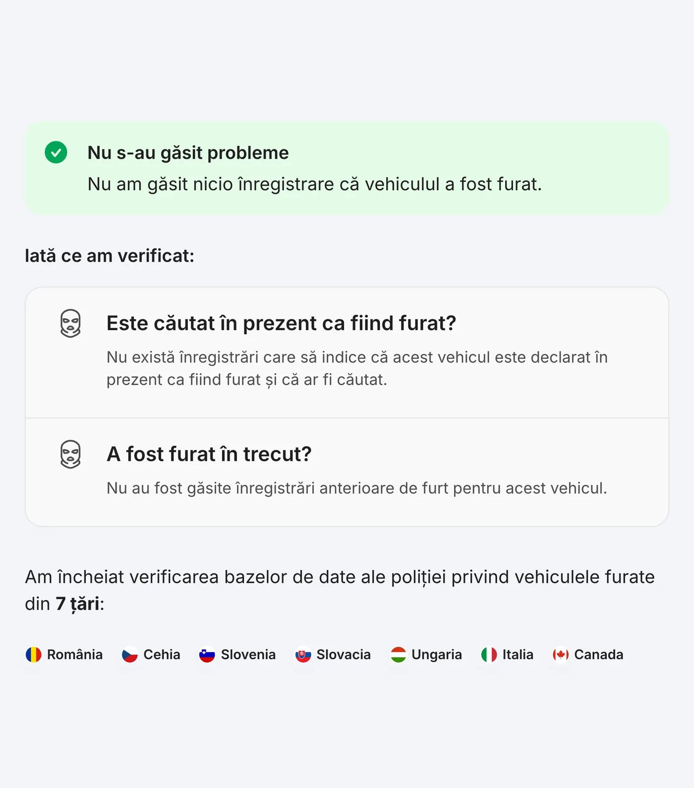 Exemplu de raport carVertical: verificare furt