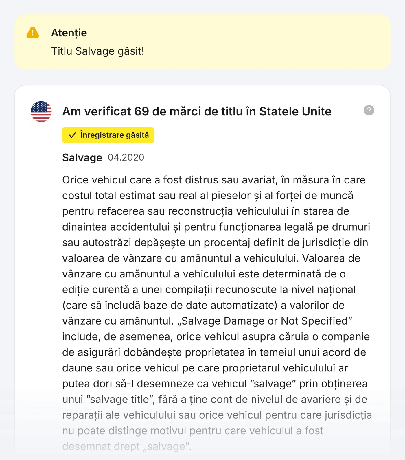 Exemplu de raport carVertical: verificare de titlu